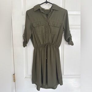 Bebop Olive Green Utility Shirt Dress — Button Front, Waist Tie, Roll-Tab Sleeve